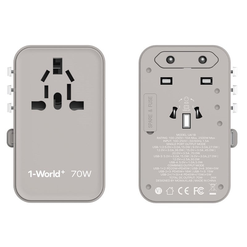 Momax 1-World+ 70W GaN 3-Port w/Built-in USB-C Cable + AC Travel Adapter
