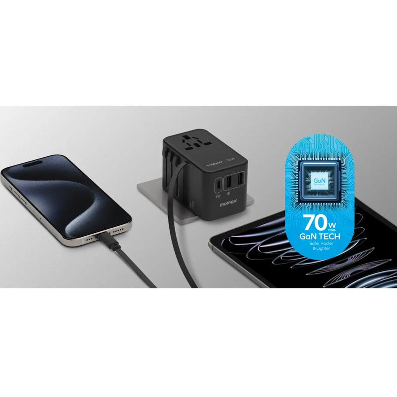 Momax 1-World+ 70W GaN 3-Port w/Built-in USB-C Cable + AC Travel Adapter