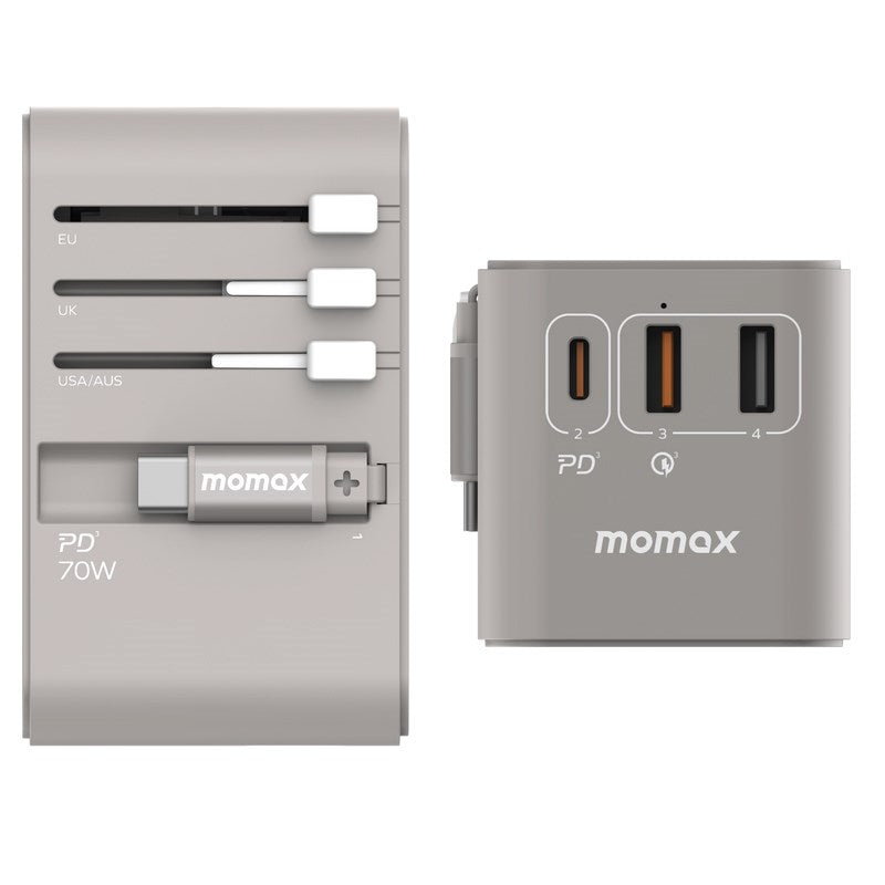 Momax 1-World+ 70W GaN 3-Port w/Built-in USB-C Cable + AC Travel Adapter