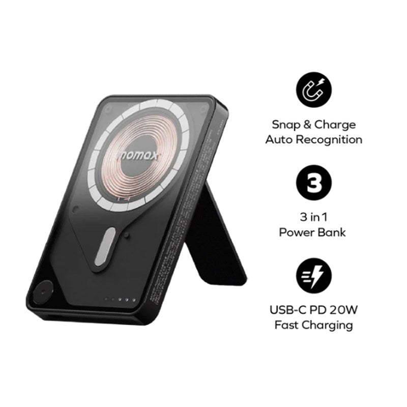 Momax 1-Power X Pro Magnetic Wireless Battery Pack (5000 mAh) with Stand and Built-in USB-C Cable