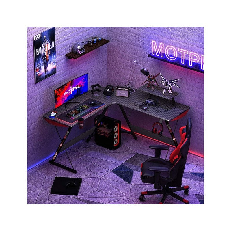GAMEON L-Shaped Slayer I Series Gaming Desk (Size: 129x129x74cm & Table top 80x46cm) With Headset Hook, Cup Holder & Accessories Stand - Black - Open Box