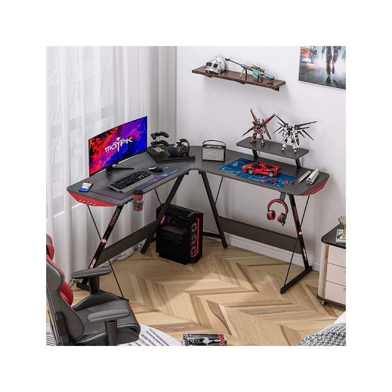 GAMEON L-Shaped Slayer I Series Gaming Desk (Size: 129x129x74cm & Table top 80x46cm) With Headset Hook, Cup Holder & Accessories Stand - Black - Open Box