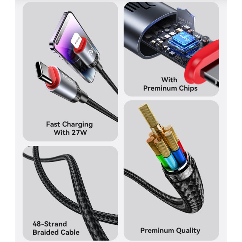 Yesido CA182 1.2 M 27 W Fast Charging Type-C To IP 48-Strand Braided Cable Power LED Light Data Cable