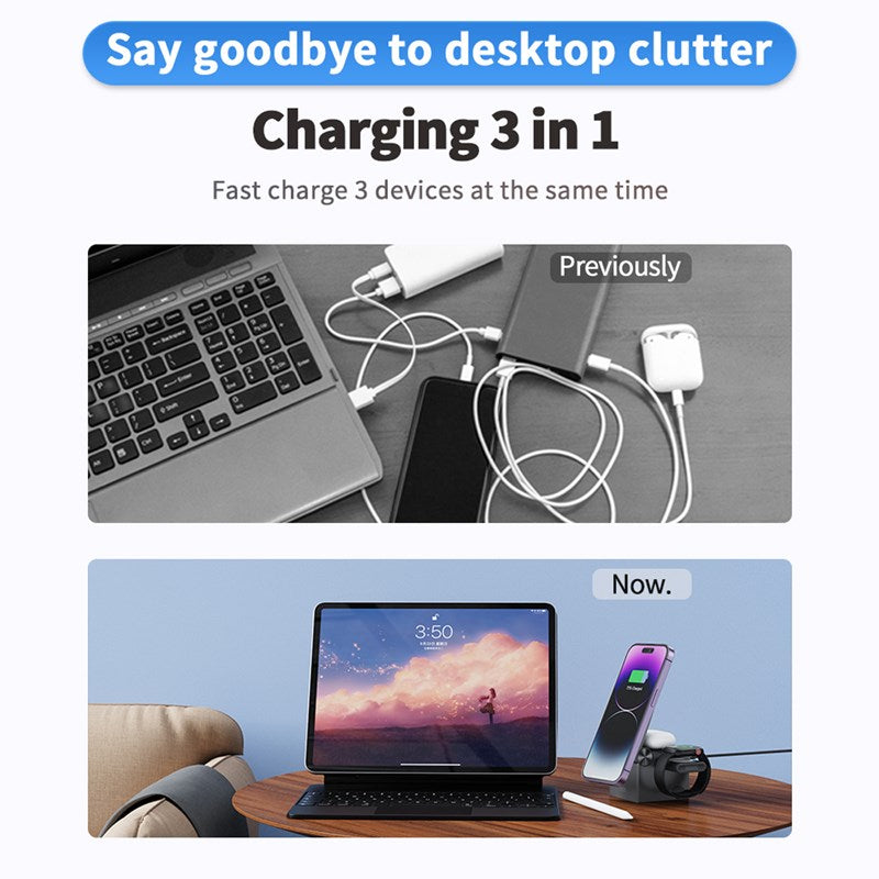 XO 3 in 1 Portable Magnetic 15W Wireless Charging Station (360°/60° Adjustable) - Black