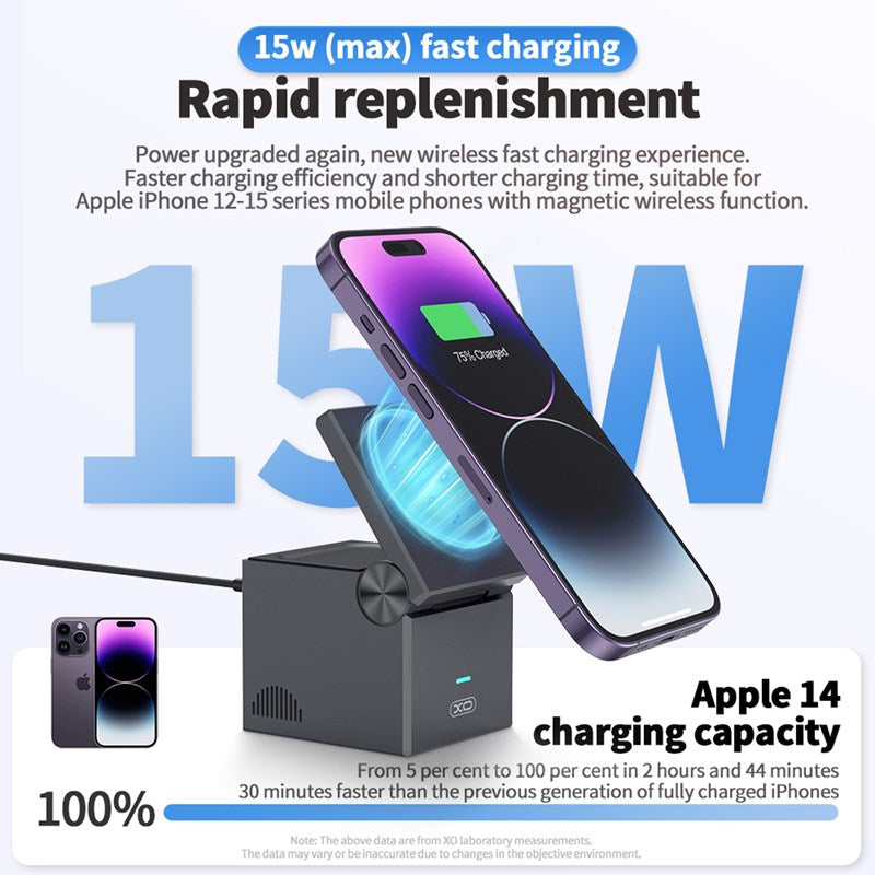 XO 3 in 1 Portable Magnetic 15W Wireless Charging Station (360°/60° Adjustable) - Black