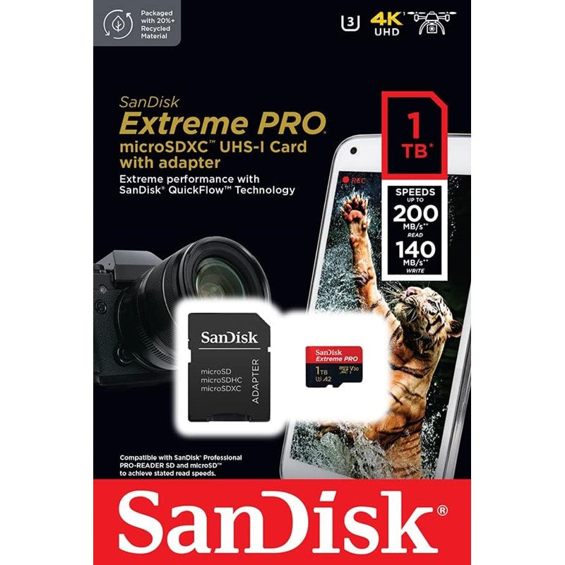 SanDisk Extreme Pro microSD UHS I Card 1TB for 4K Video on Smartphones, Action Cams & Drones 200MB/s Read, 140MB/s Write, Lifetime Warranty