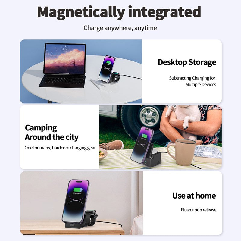 XO 3 in 1 Portable Magnetic 15W Wireless Charging Station (360°/60° Adjustable) - Black