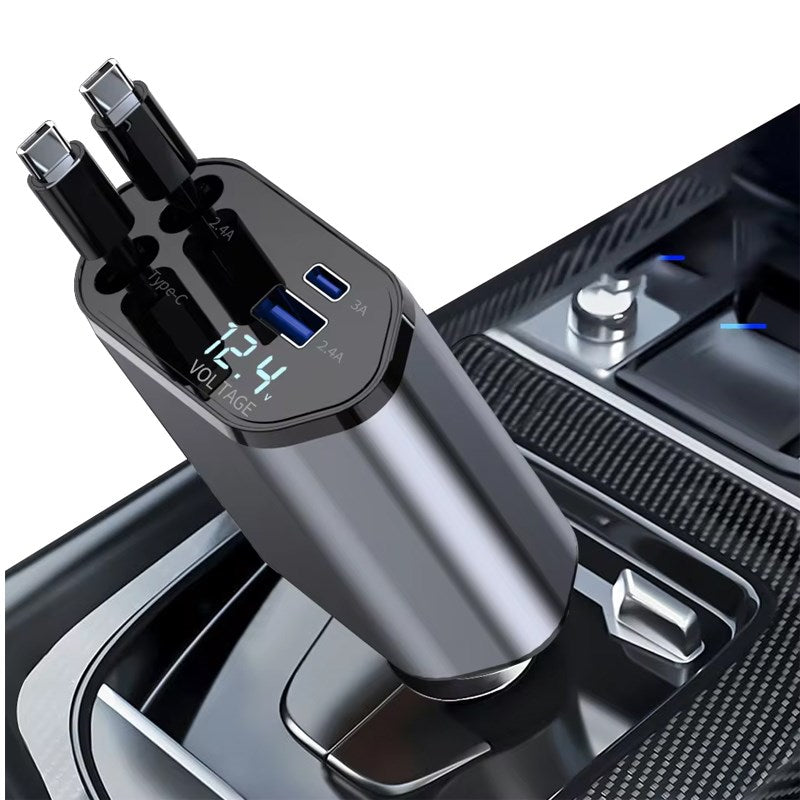 4 In 1 Retractable Car Charger With LED Display, USB & Type-C Ports - Grey