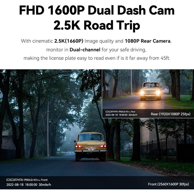 DDPAI Mola N3 Pro, 2.5K Dual Dash Cam Front and Rear, 1600p+1080p FHD for Cars with APP, Built-in Wi-Fi, GPS, Night Vision, 24H Parking Monitor