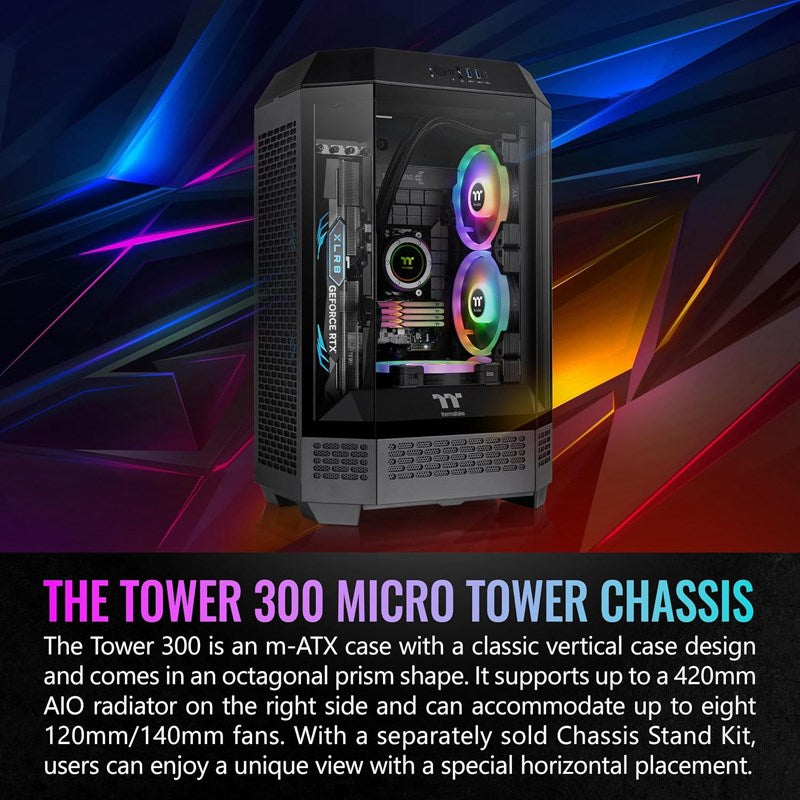 Thermaltake The Tower 300 M-ATX Micro Tower Gaming PC Case - Black (2 PWM Fans Included)