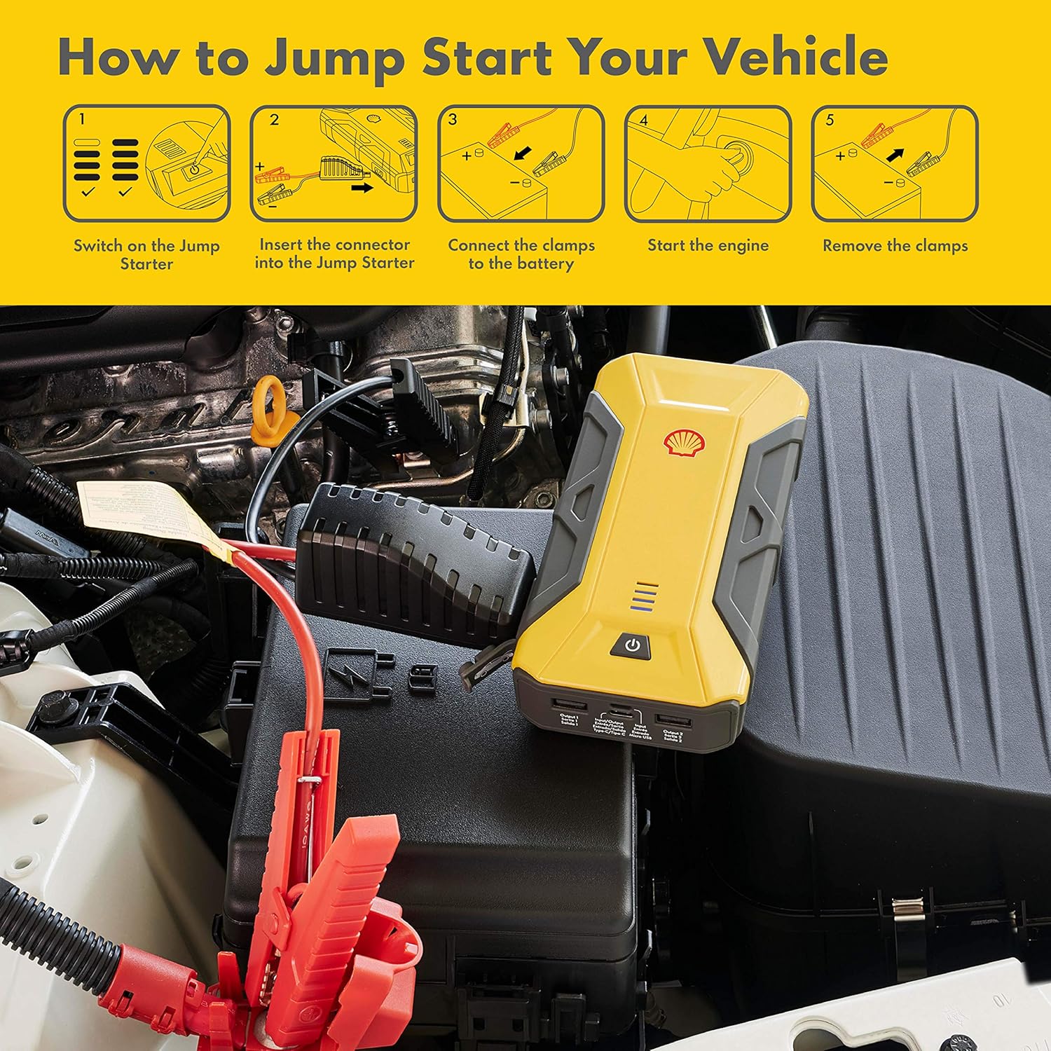 Shell Portable SH912 Jump Starter with USB Fast Charger, LED and SOS Light 800 Amp