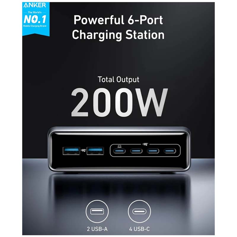 Anker Prime Charger, 200 W 6-Port GaN Charging Station, USB-C PD Fast Charging Desktop Charger, Silver
