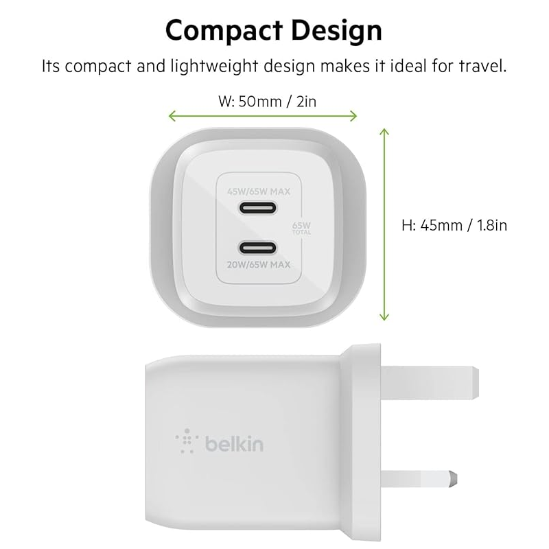 Belkin BoostCharge Pro Dual USB-C GaN Wall Charger with PPS 65W + USB-C to USB-C Cable, Fast Charging Power Delivery 3.0 with GaN Technology, for Apple / Galaxy / Pixel, White | WCH013my2MWH-B6