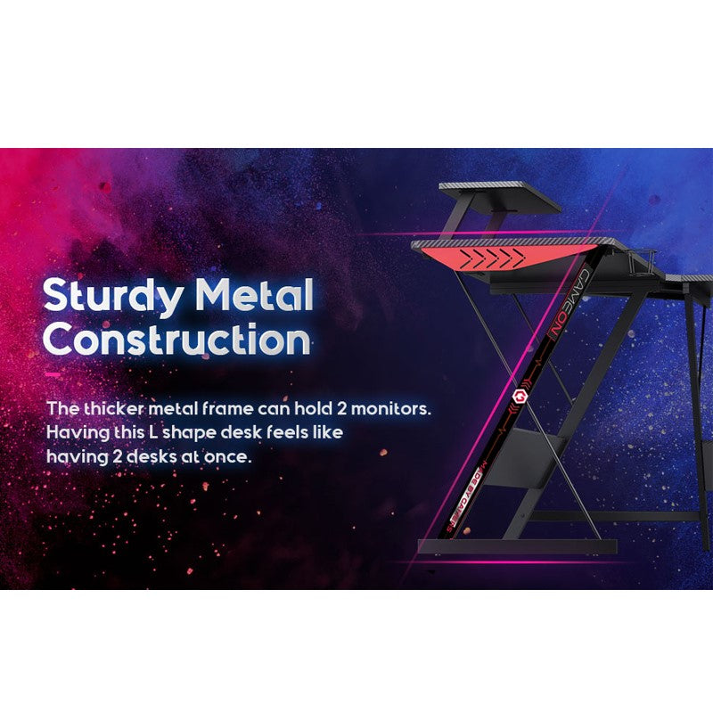 GAMEON L-Shaped Slayer I Series Gaming Desk (Size: 129*129*74cm & Table top 80*46cm) With Headset Hook, Cup Holder & Accessories Stand - Black