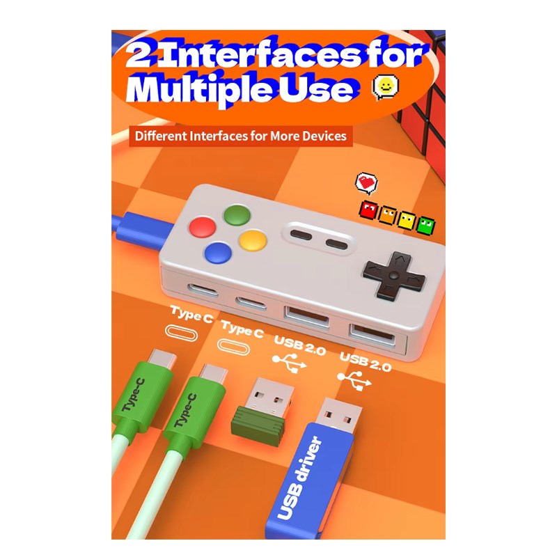 Retro Game Console Inspired USB Hub, Adapter With USB-C & USB-A Ports - Grey