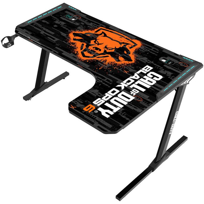 Call of Duty Flowing Light Gaming Desk With Full Table Mouse Pad, Wireless Charger, USB Splitter, Headphone Hook, Cup Holder