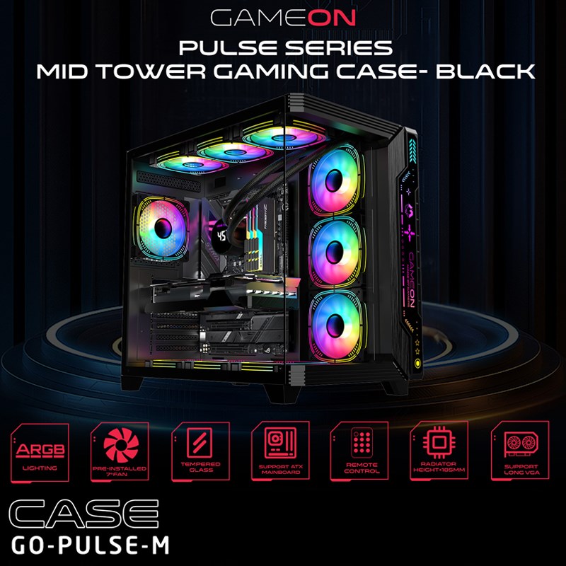 GAMEON PULSE Series ARGB ATX Mid Tower Gaming PC Case - Black (7 ARGB Fans Included)