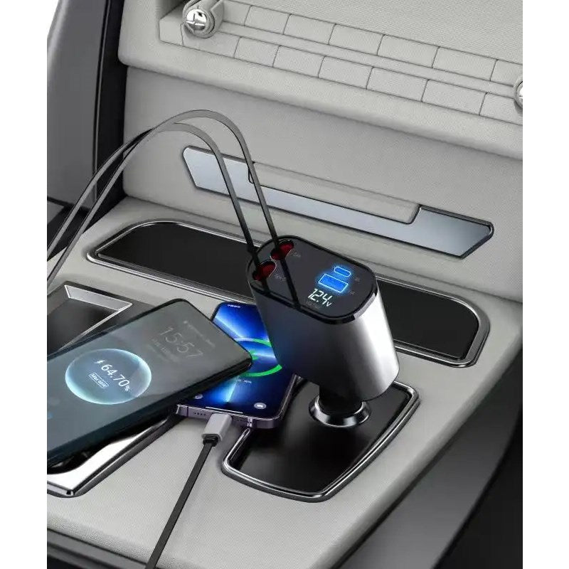 4 In 1 Retractable Car Charger With LED Display, USB & Type-C Ports - Grey
