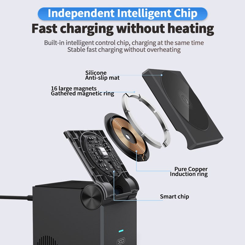 XO 3 in 1 Portable Magnetic 15W Wireless Charging Station (360°/60° Adjustable) - Black