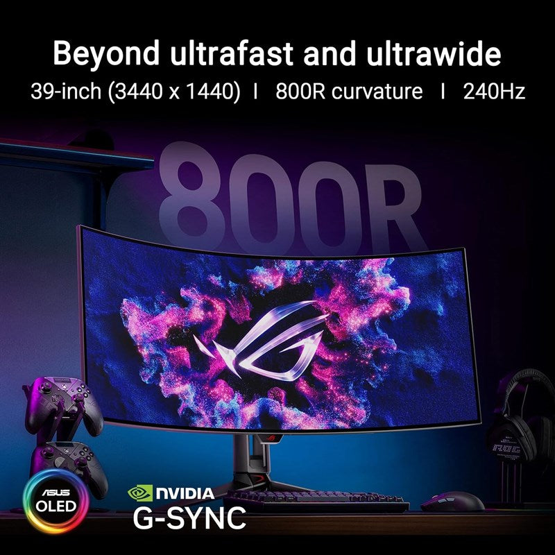 اسوس شاشة الألعاب المنحنية روج سويفت PG39WCDM بحجم 39 بوصة بتقنية WQHD OLED، بمعدل تحديث 240 هرتز، وقت استجابة 0.03 مللي ثانية ومنفذ HDMI 2.1, ايه ام دي فري سينك بريميوم برو , جي سينك