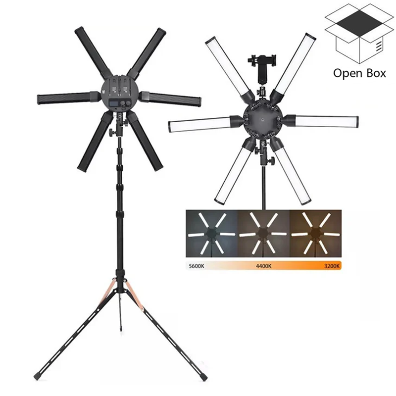 Adjustable LED 6 Star Tube Selfie Ring Light Tripod Stand For Beauty Makeup, Photography (1 x Bag, 1x Phone Holder, 1x Ball Head, 1x Power Adapter, 1x Plug, 1x Manual, 1x Tripod stand) - Black  - Open Box