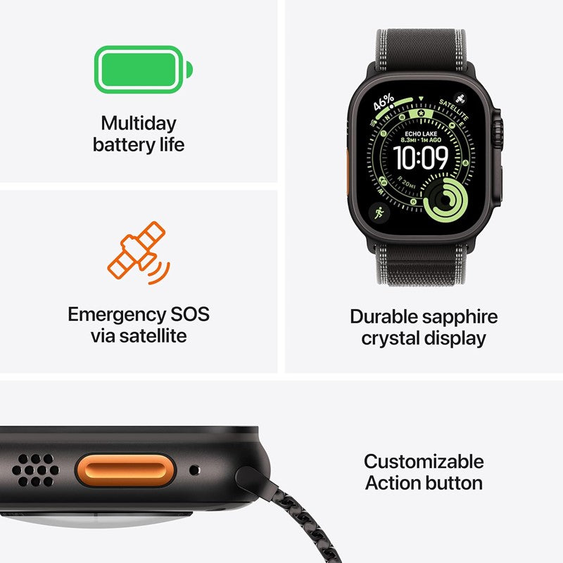 Apple Watch Ultra 3, 49mm, Black Titanium Case, Black/Charcoal Trail Loop, (GPS+Cellular)