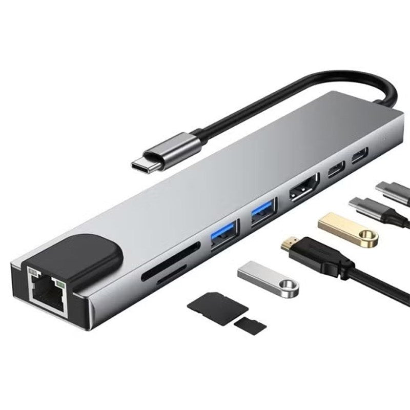 Aspor A782 8 in 1 Hub, 100W Ethernet + HDMI + USB-A*2 + SD + TF
