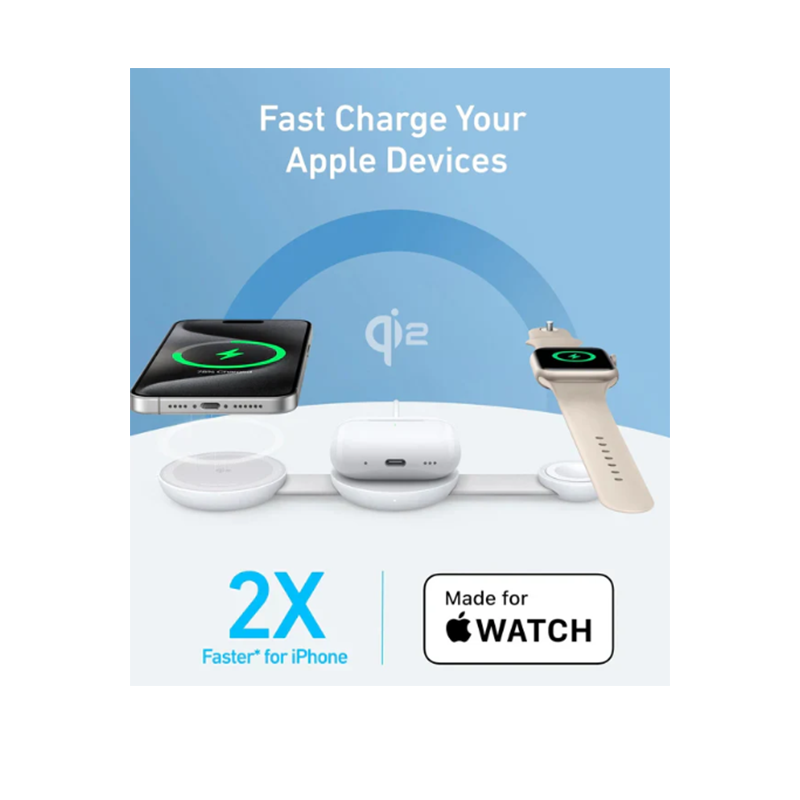 Anker MagGo Wireless Charging Station (3-in-1, Foldable Pad) with Adapter and Cable - White