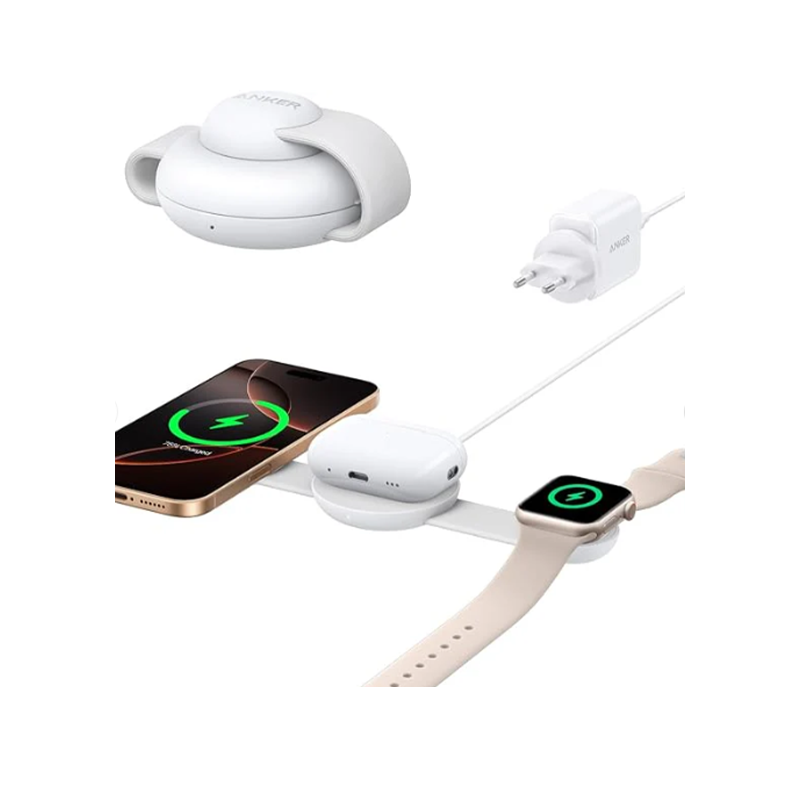 Anker MagGo Wireless Charging Station (3-in-1, Foldable Pad) with Adapter and Cable - White