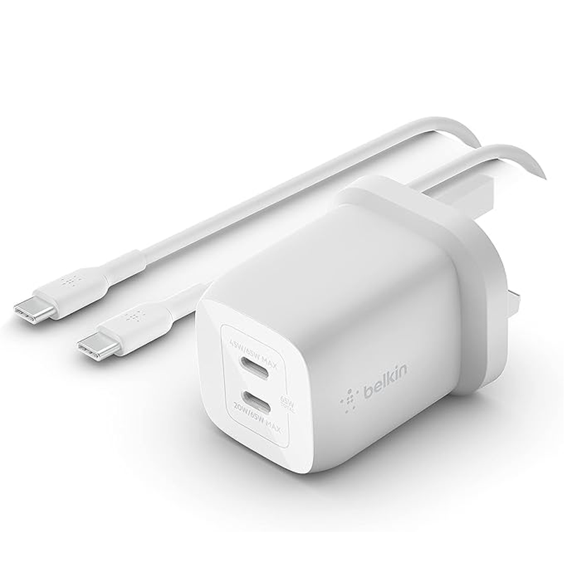 Belkin BoostCharge Pro Dual USB-C GaN Wall Charger with PPS 65W + USB-C to USB-C Cable, Fast Charging Power Delivery 3.0 with GaN Technology, for Apple / Galaxy / Pixel, White | WCH013my2MWH-B6