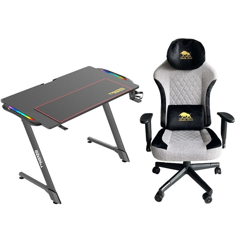 Black Bull Gaming Chair With Molded Headrest Up & Down - Fabric - Black/Grey + Twisted Minds Z Shaped Gaming Desk Carbon Fiber Texture - RGB