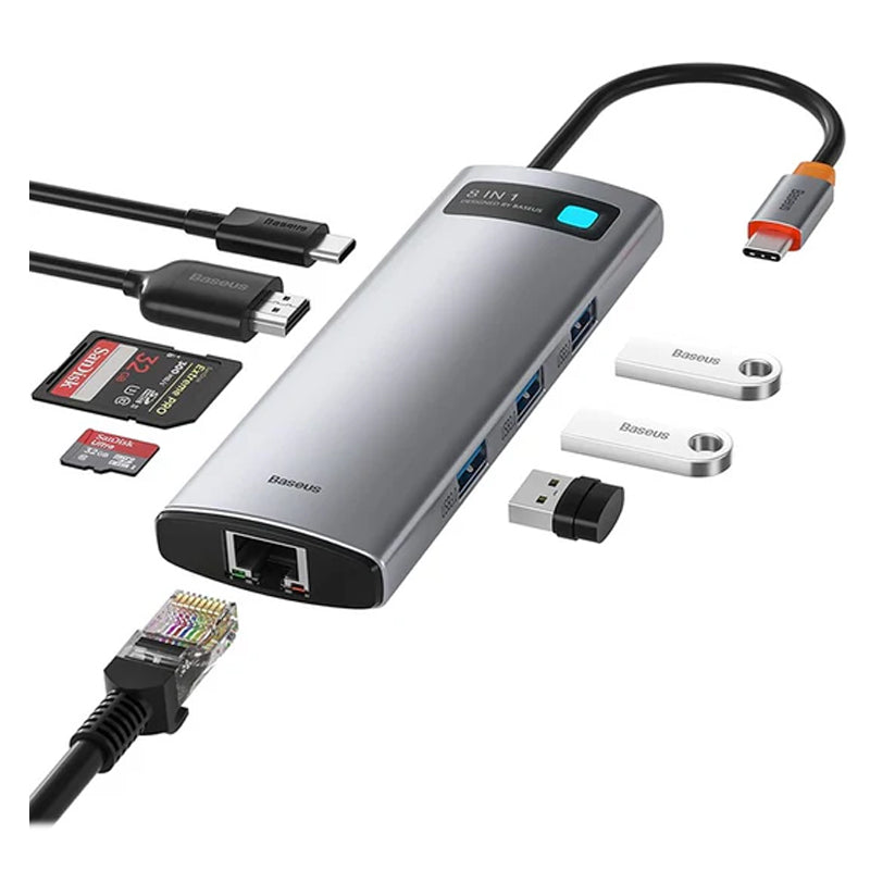 Baseus Metal Gleam Series 8 In 1 Multifunctional Type-C Hub, Docking Station Gray/Adapter With 1x 4K HDMI, 1x PD Fast Charging, 3x USB 3.0, 1x SD/TF card slot, 1x Type-C Socket, 1x Ethernet Port And Indicator Light - Grey