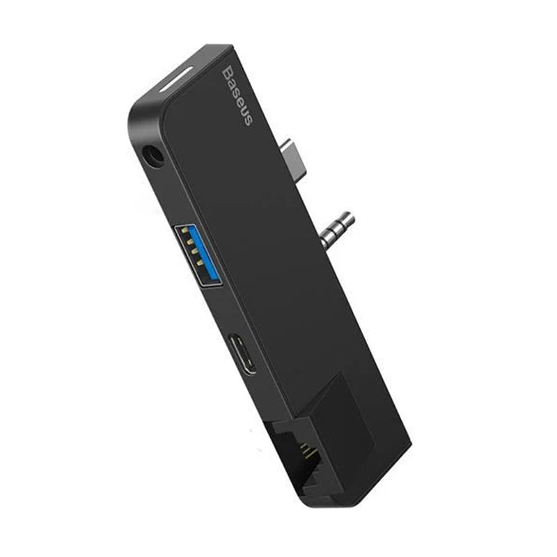 بيسوس موزع متعدد الوظائف لجهاز سيرفس جو بمنفذ Type-C + منفذ صوت ل RJ45 + منفذ  + USB3.0  + منفذ Type-C (بيانات + صوت) - أسود