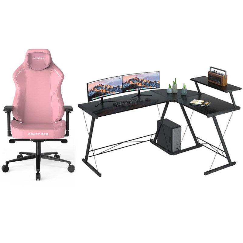 DXRacer Craft Pro Classic Gaming Chair - Pink + GAMEON 3in1 L-Shaped Slayer II XL Series Gaming Desk - Black