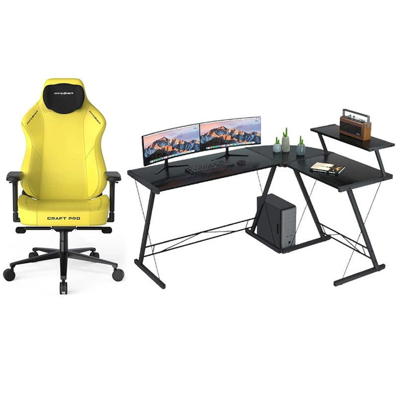 DXRacer Craft Pro Classic Gaming Chair - Yellow + GAMEON 3in1 L-Shaped Slayer II XL Series Gaming Desk - Black
