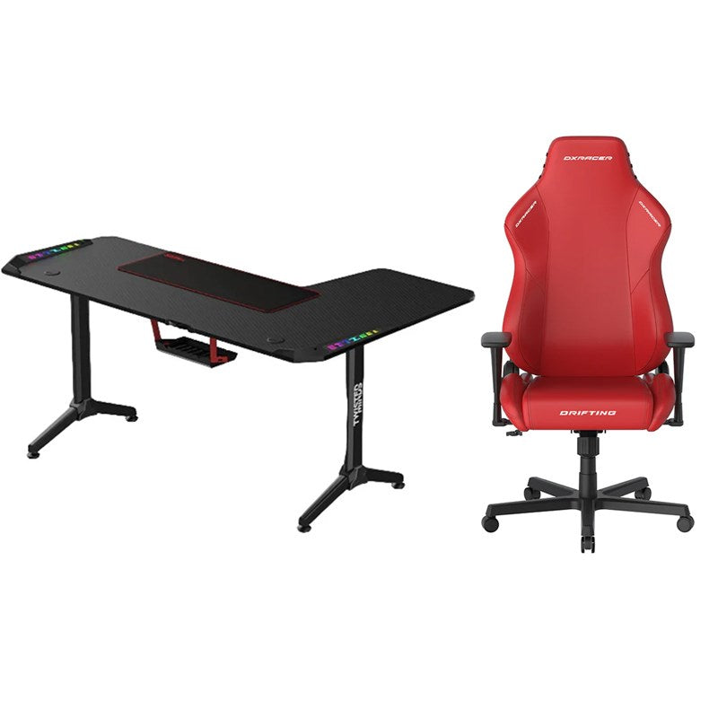 DXRacer Drifting Series Gaming Chair XL - Red + Twisted Minds WARRIOR L Shaped Gaming Desk RGB Left - Black