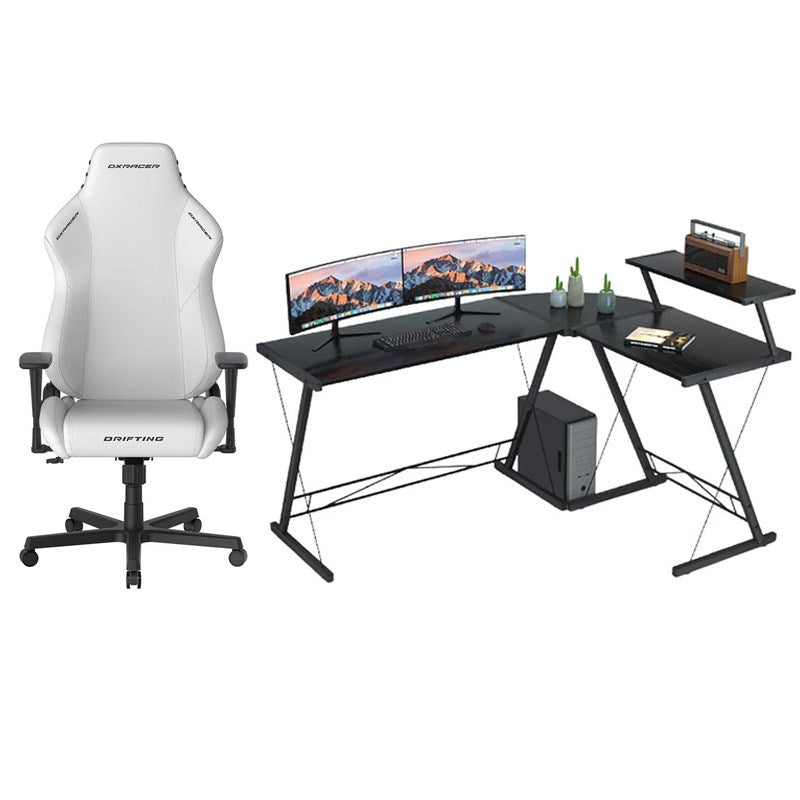 DXRacer Drifting Series XL Gaming Chair - White + GAMEON 3in1 L-Shaped Slayer II XL Series Gaming Desk - Black