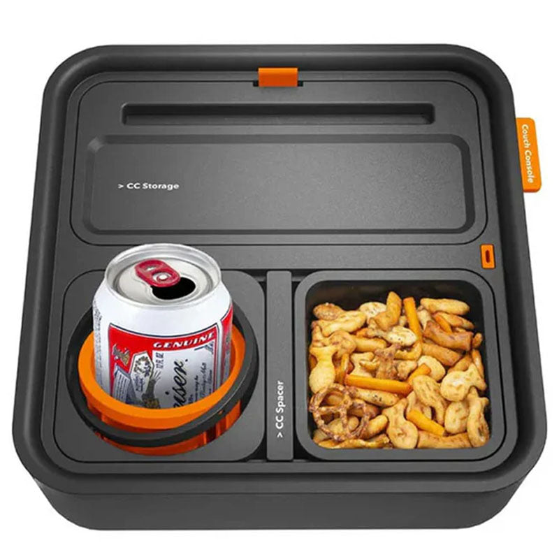Couch Console Original Cup Holder Tray, Drinks & Snacks Sofa Caddy with Armrest, Table with Phone Stand- TV Remote Control Storage and Organizer - for Living Rooms, RV, and Cars