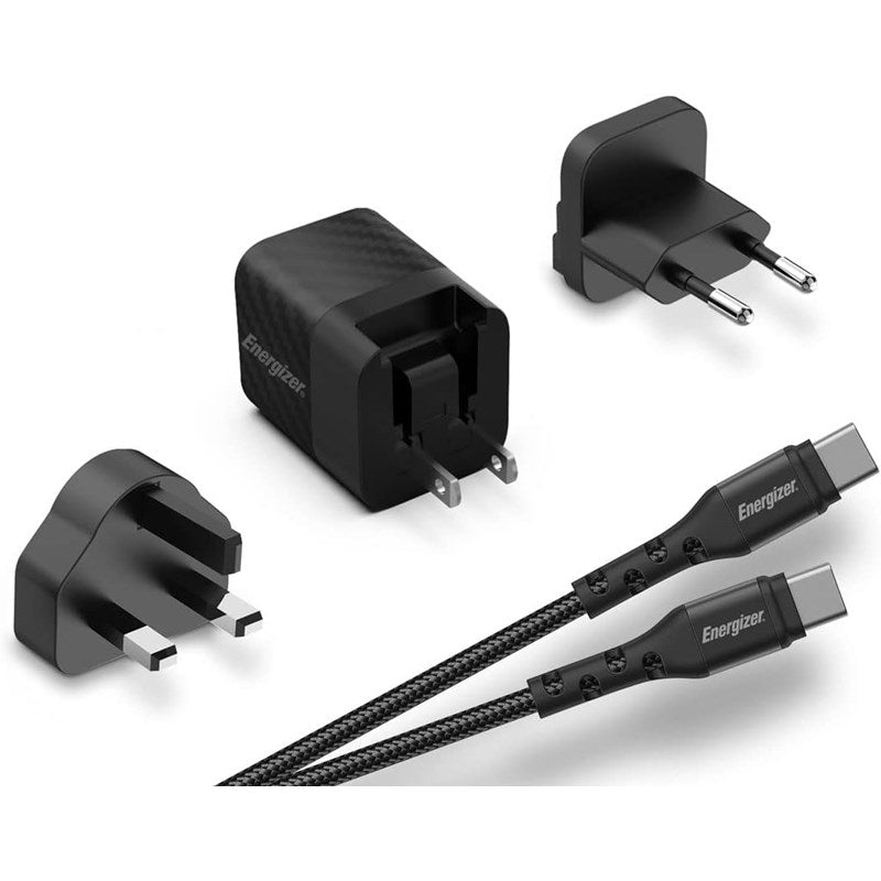 Energizer Ultimate 38W PD/QC Wall Charger with Universal Plug, Dual Output, USB-C to USB-C Braided Cable, Black