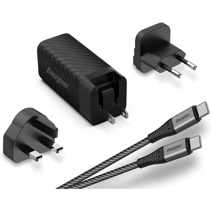 Energizer Ultimate 65W PD/QC Wall Charger with Universal Plug, GaN Technology, Dual Output, USB-C to USB-C Braided Cable, Black