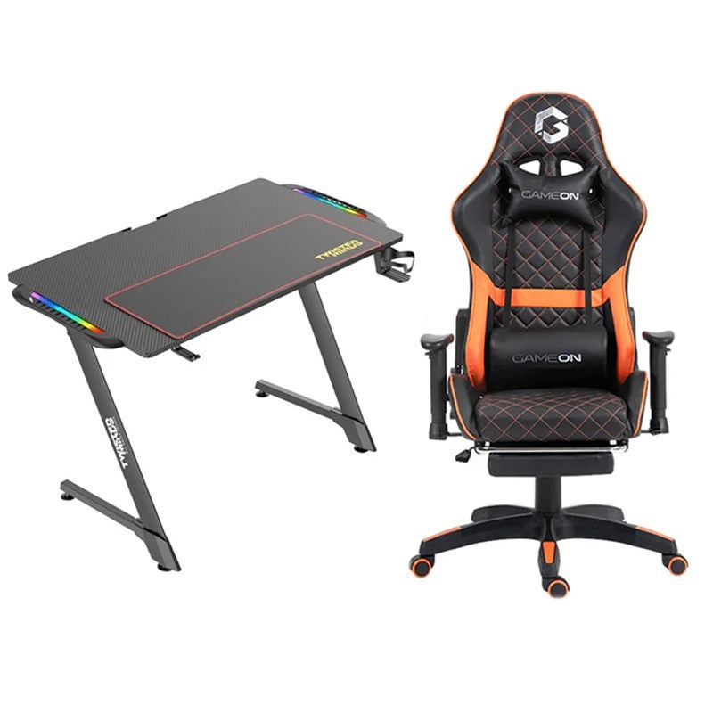 GAMEON Gaming Chair with Foot Rest with Twisted Minds Z-Shaped Gaming Desk Carbon Fiber Texture