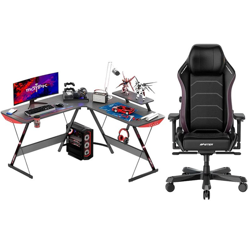 GAMEON L-Shaped Slayer I Series Gaming Desk + DXRacer Master Series XL Gaming Chair - Black/Violet