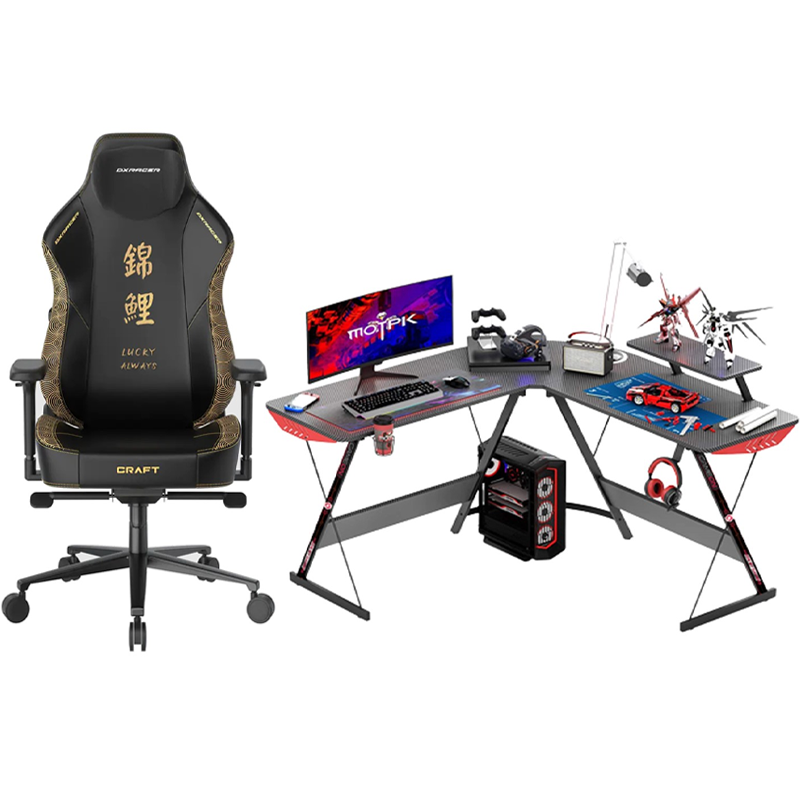 DXRacer Craft Pro XL Gaming Chair - Koi Fish Black With Free GAMEON L-Shaped Slayer I Series Gaming Desk (129 x 129 x 74 cm)