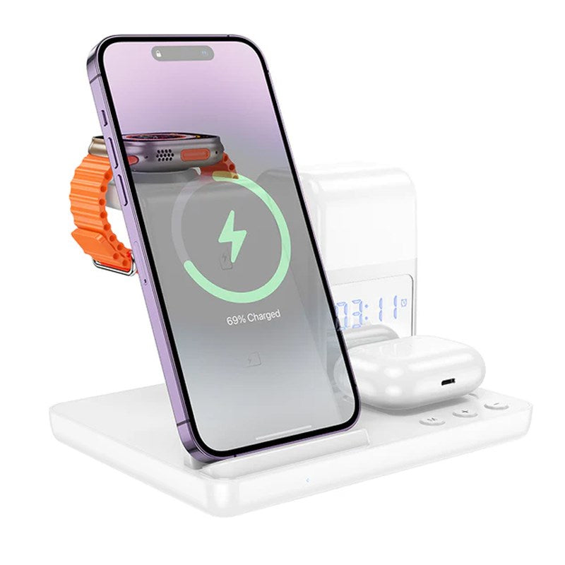 Hoco Crown CQ9 3 in 1 Wireless Charger with Digital Clock - White
