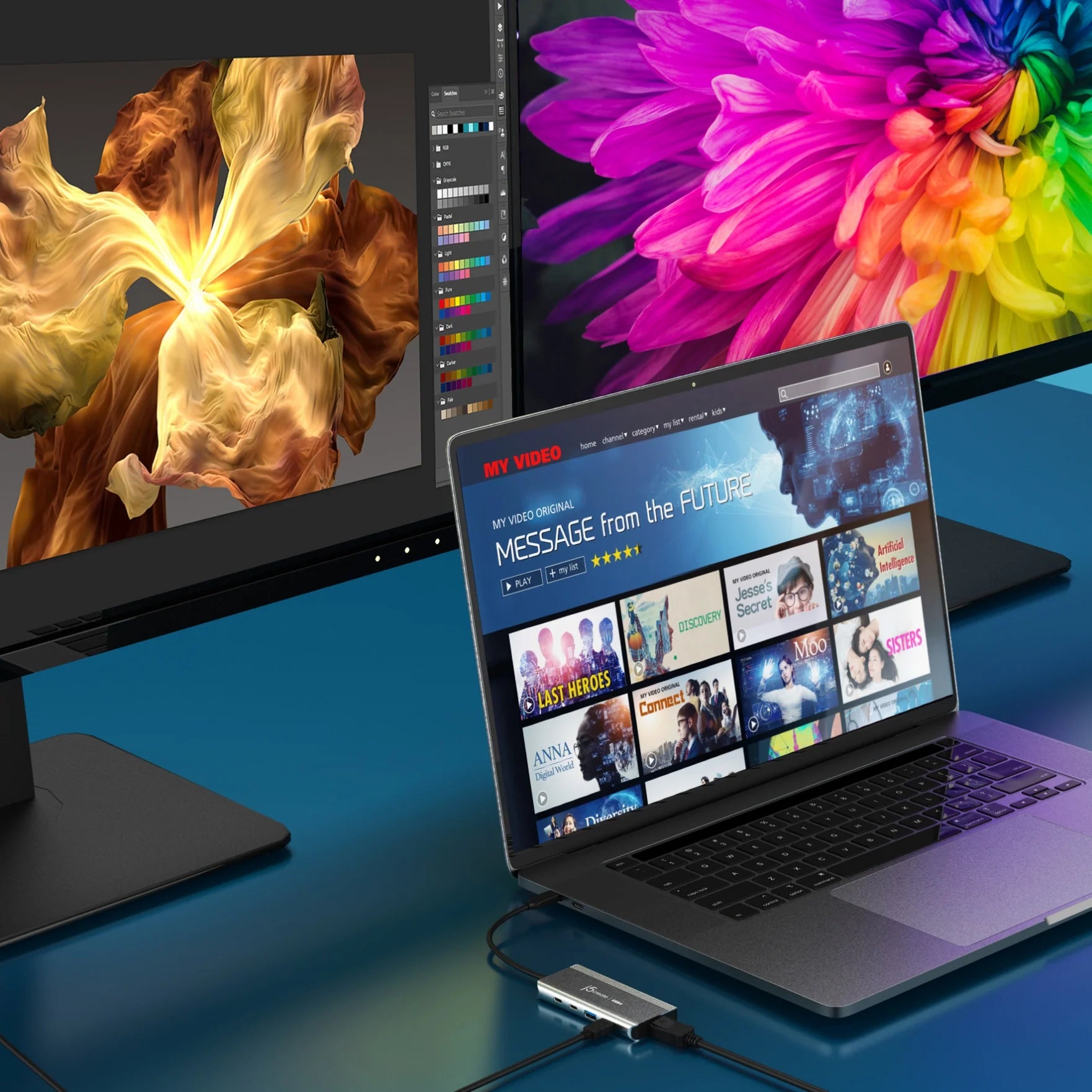 جي فايف كريت JCD401 موزع يو اس بي ثنائي 4K متعدد المنافذ، فضي