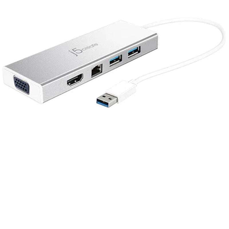 j5 create JUD380 قاعدة توصيل USB 3.0 صغيرة، تتضمن منفذ HDMI و3 منافذ USB، فضي
