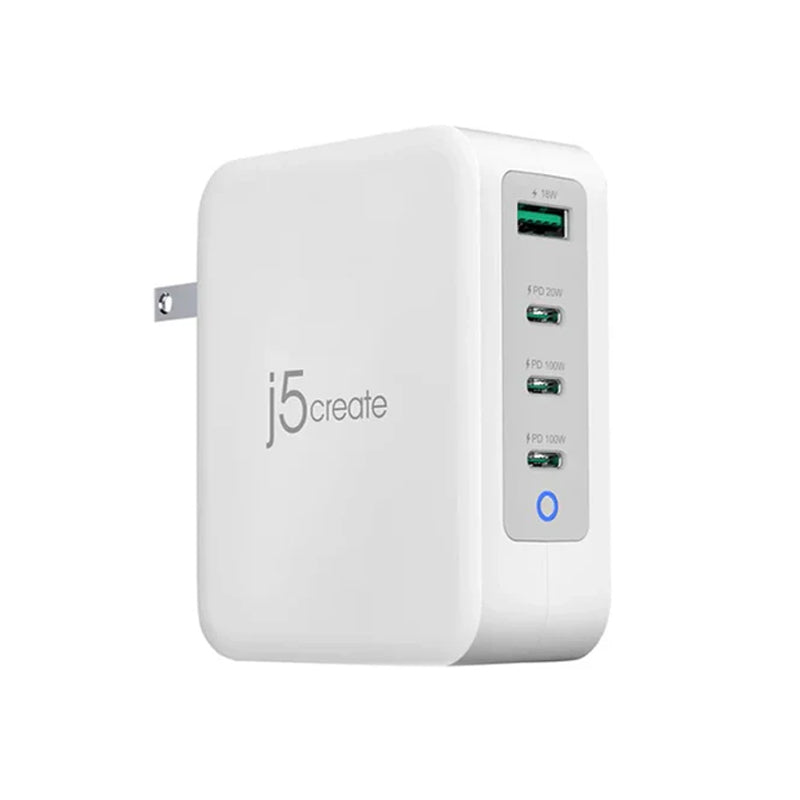 شاحن j5create 130W GaN USB-C بأربعة منافذ - المملكة المتحدة، أبيض ورمادي