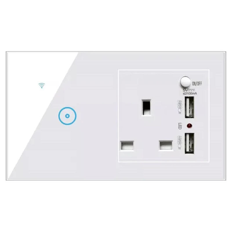 Smart WiFi Glass Panel Touch Switch + UK Power Socket + 2 USB Ports (1 Gang) With App Control Works with Amazon Alexa, Google Home Assistant - White