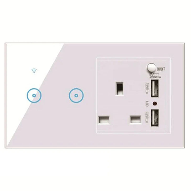 Smart WiFi Glass Panel Touch Switch + UK Power Socket + 2 USB Ports (2 Gang) With App Control Works with Amazon Alexa, Google Home Assistant - White