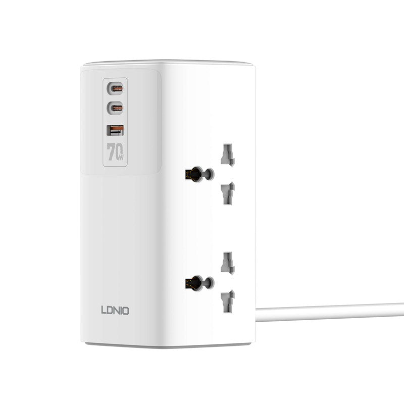 LDNIO SC4383 Power Extension Cord - 4 Universal AC Outlets, 2 USB-C (70W PD), 1 USB-A Ports, 2500W, 2M Cable - White